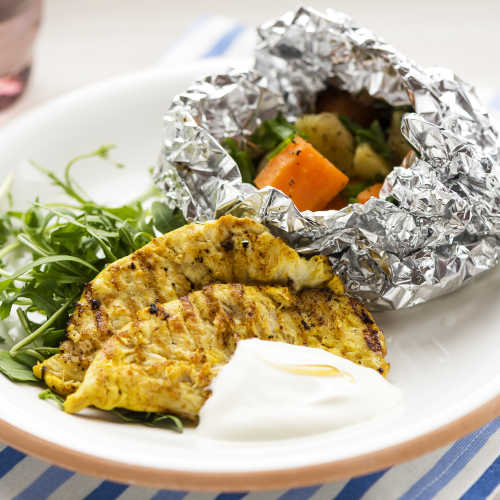 Grillatut kanapihvit ja kasvisnyyttejä